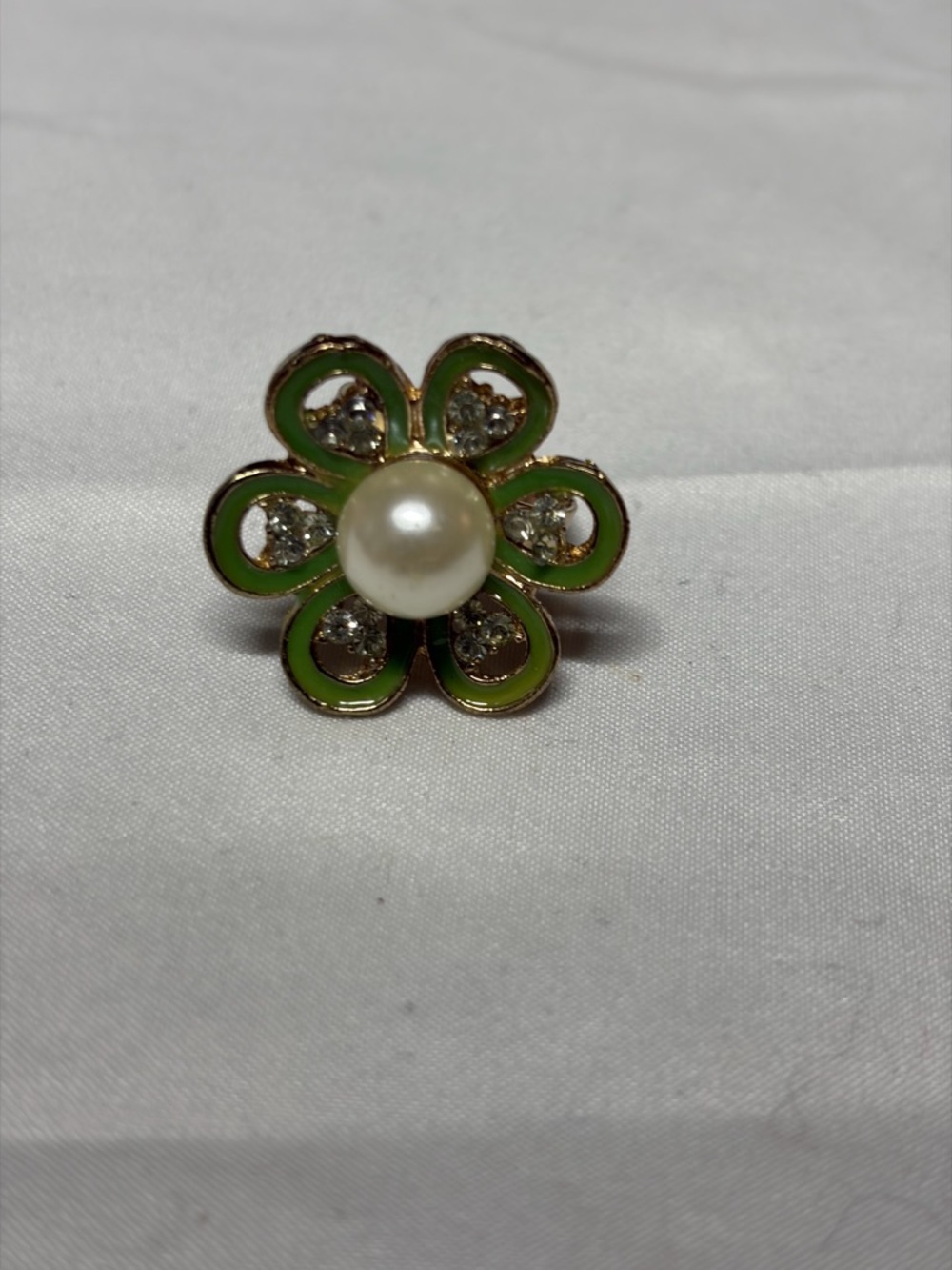Floral Pearl Statement Ring Green Enamel Adjustable